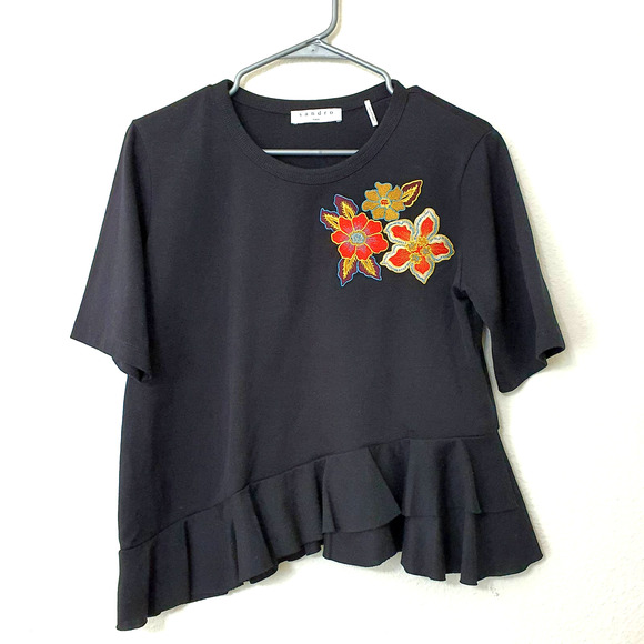 Sandro Paris Selena Embroidered Ruffle Asymmetric Peplum Top Women's Size S/M - Picture 1 of 8